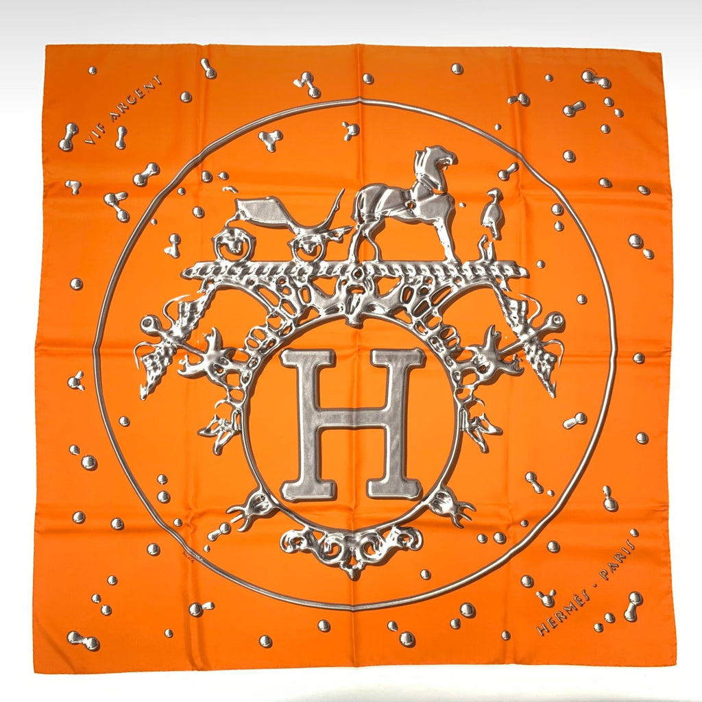 Hermes Carre 90 Vif Argent Silver Drop Orange Silk Scarf — view 3