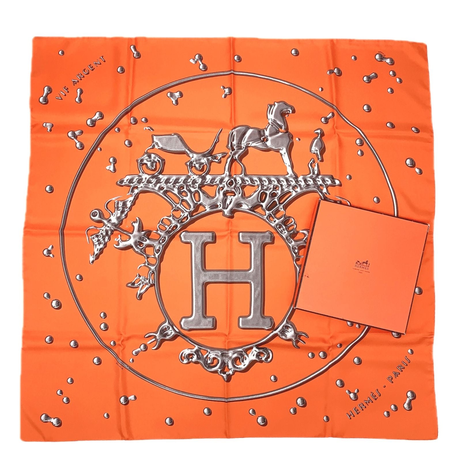 Hermes Carre 90 Vif Argent Silver Drop Orange Silk Scarf