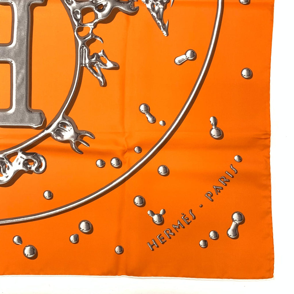 Hermes Carre 90 Vif Argent Silver Drop Orange Silk Scarf — view 6