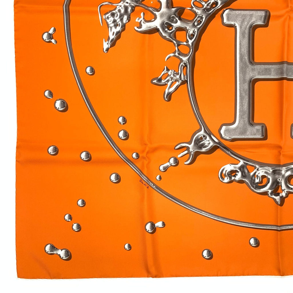 Hermes Carre 90 Vif Argent Silver Drop Orange Silk Scarf — view 7