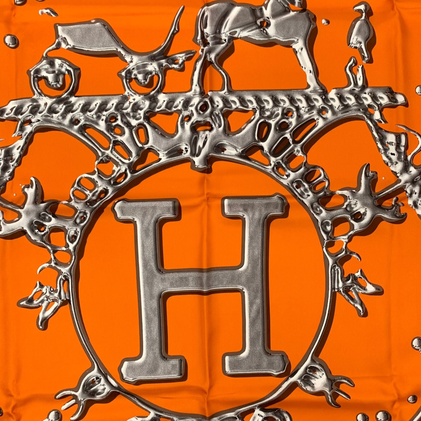 Hermes Carre 90 Vif Argent Silver Drop Orange Silk Scarf — view 8