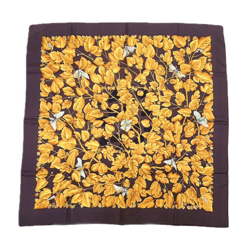 Hermes Carre 90 L'arbre de Soie Silk Mulberry and Silkworm Scarf Brown