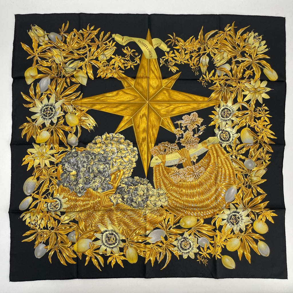 Hermes Carre 90 Passiflores Passion Flower Black Silk 100% Scarf