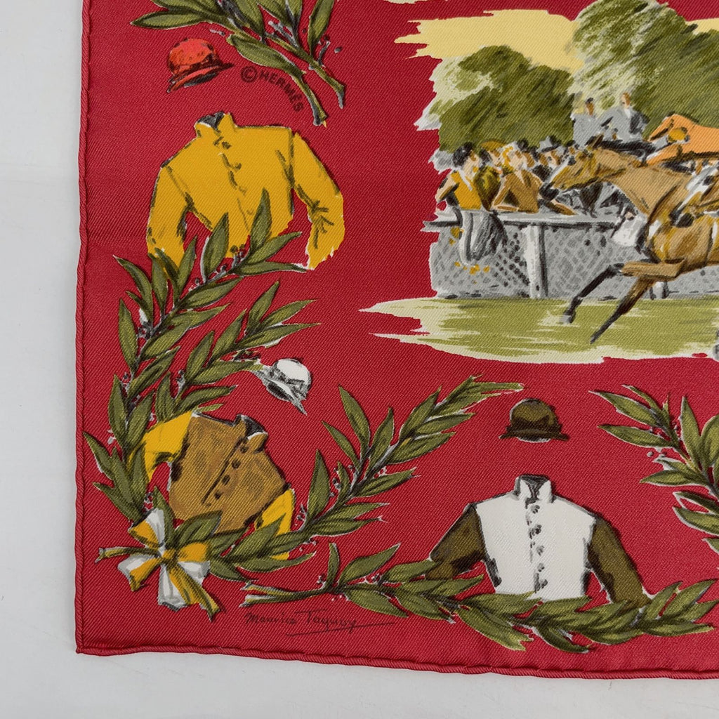Hermes Carre 45 Chantilly Cite Racecourse Red Multicolor Silk 100% Scarf — view 7