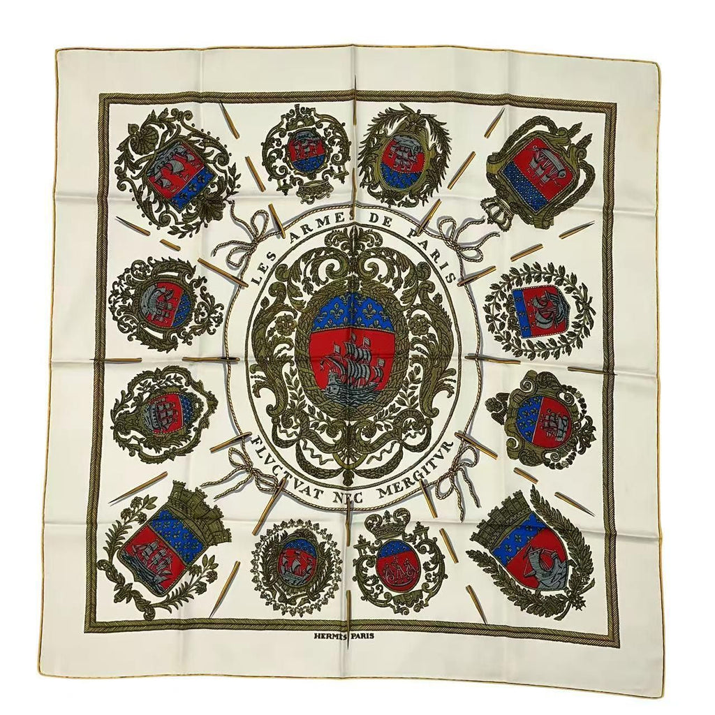 Hermes Carre 90 Scarf Silk les Armes de Paris Coat of Arms of White