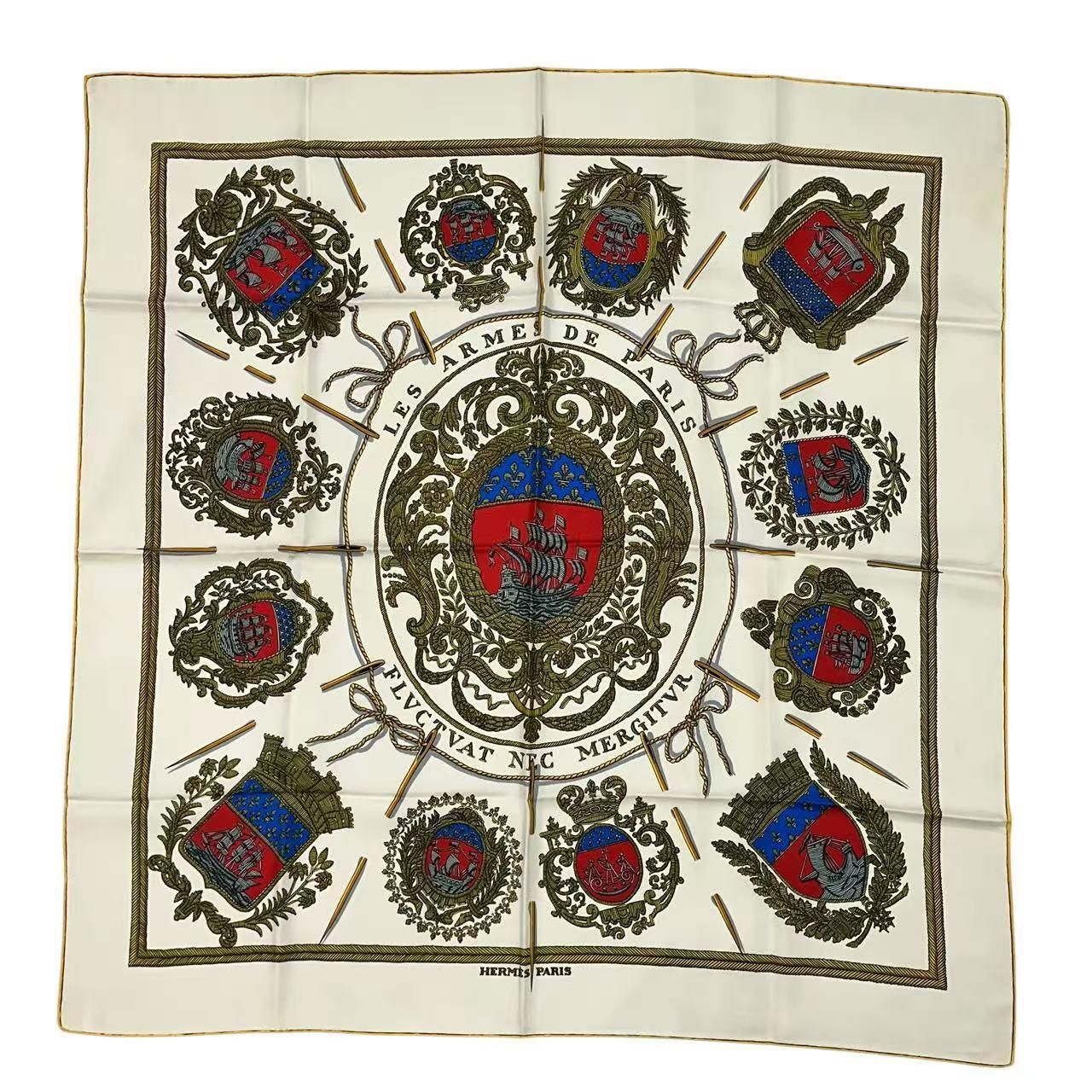 Hermes Carre 90 Scarf Silk les Armes de Paris Coat of Arms of White