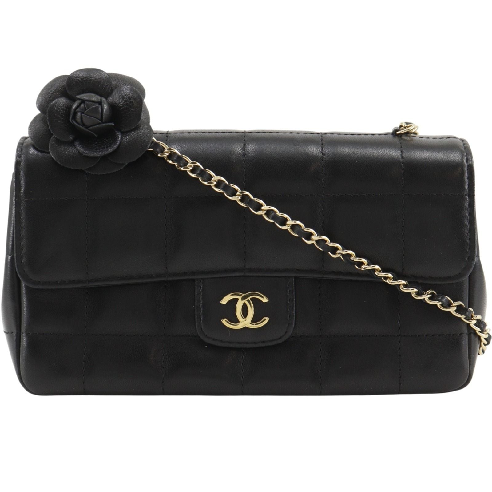 Chanel Choco Bar Camellia Chain Shoulder Calf Black