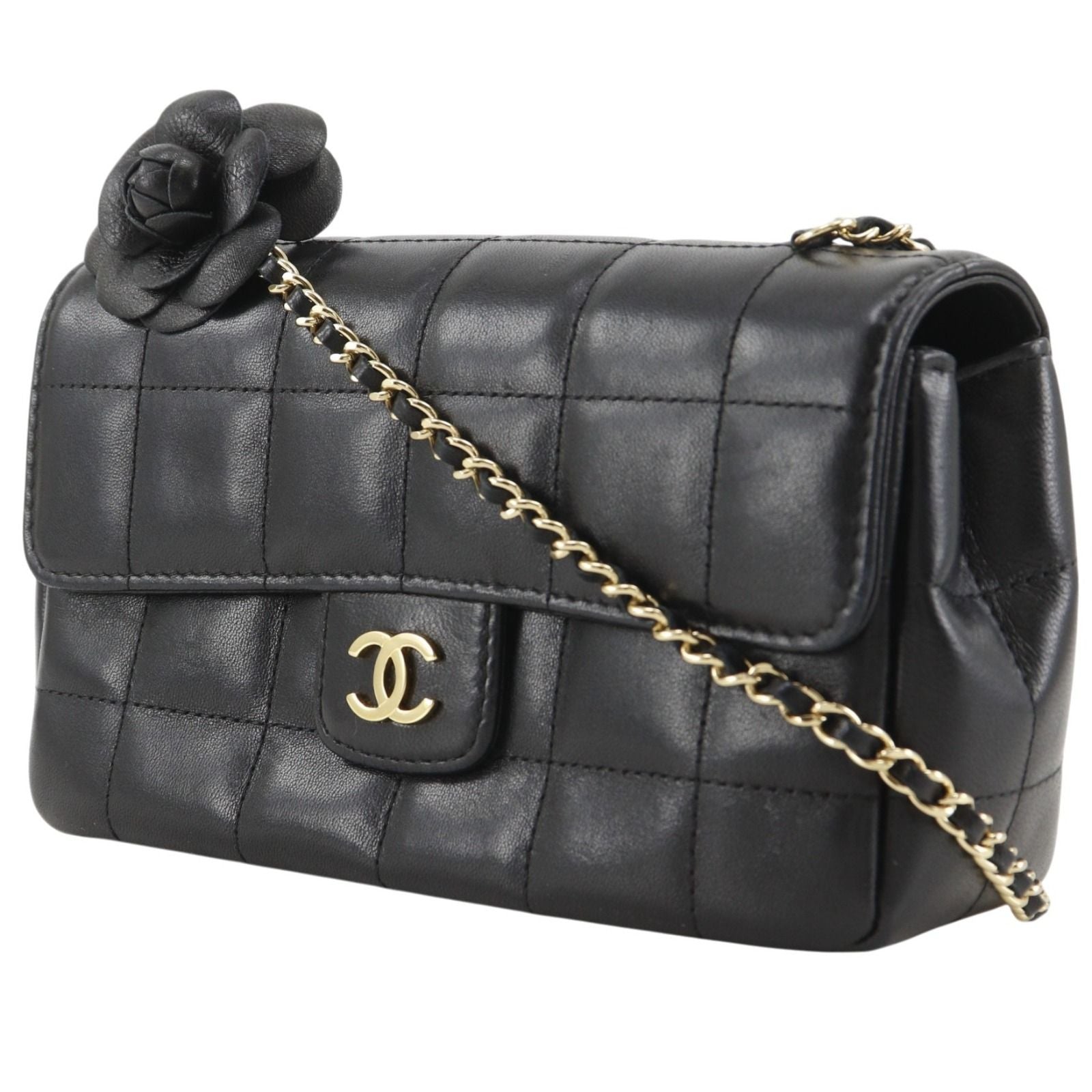 Chanel Choco Bar Camellia Chain Shoulder Calf Black — view 2