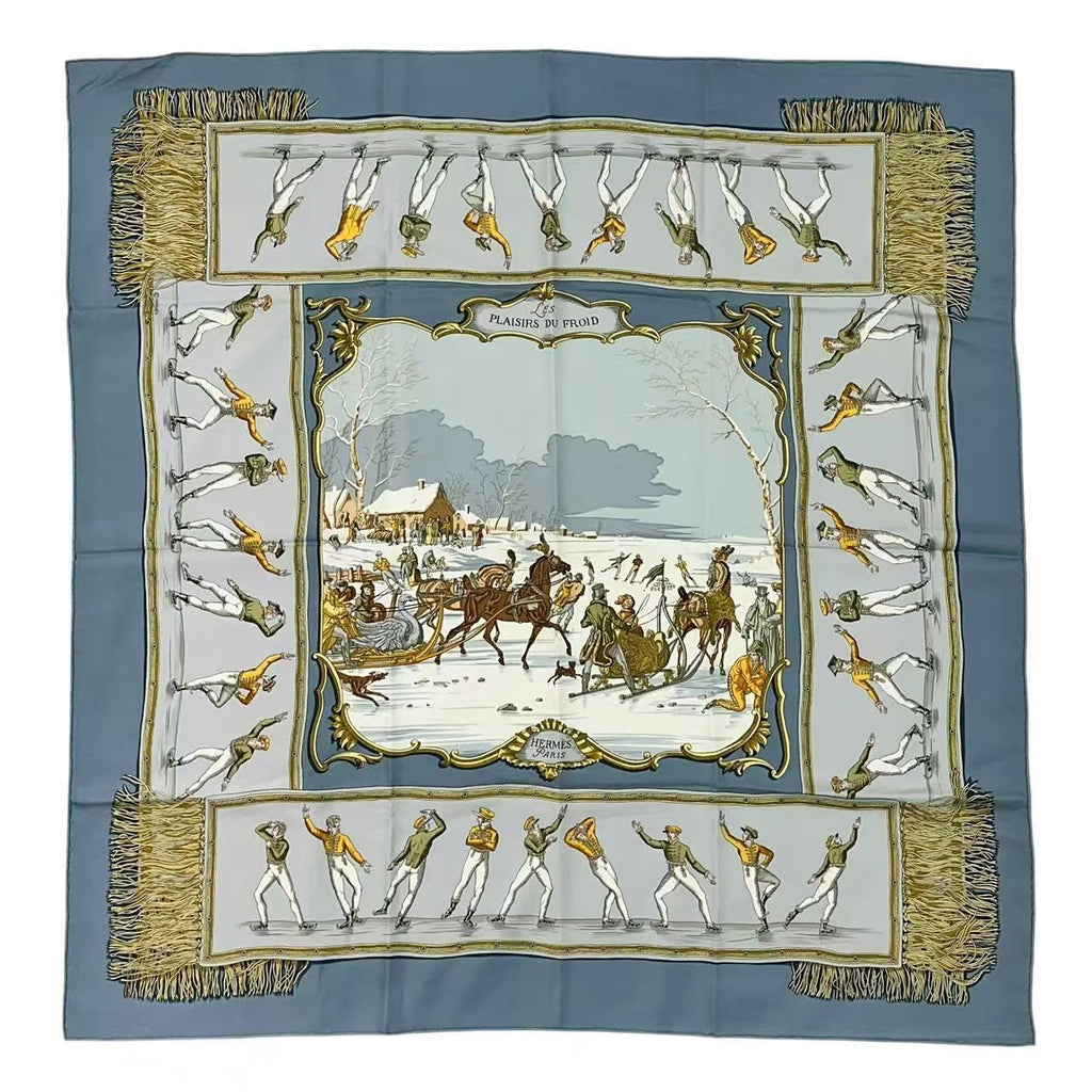 Hermes Carre 90 Scarf Silk les Plaisirs du Froid Joy on Ice Blue