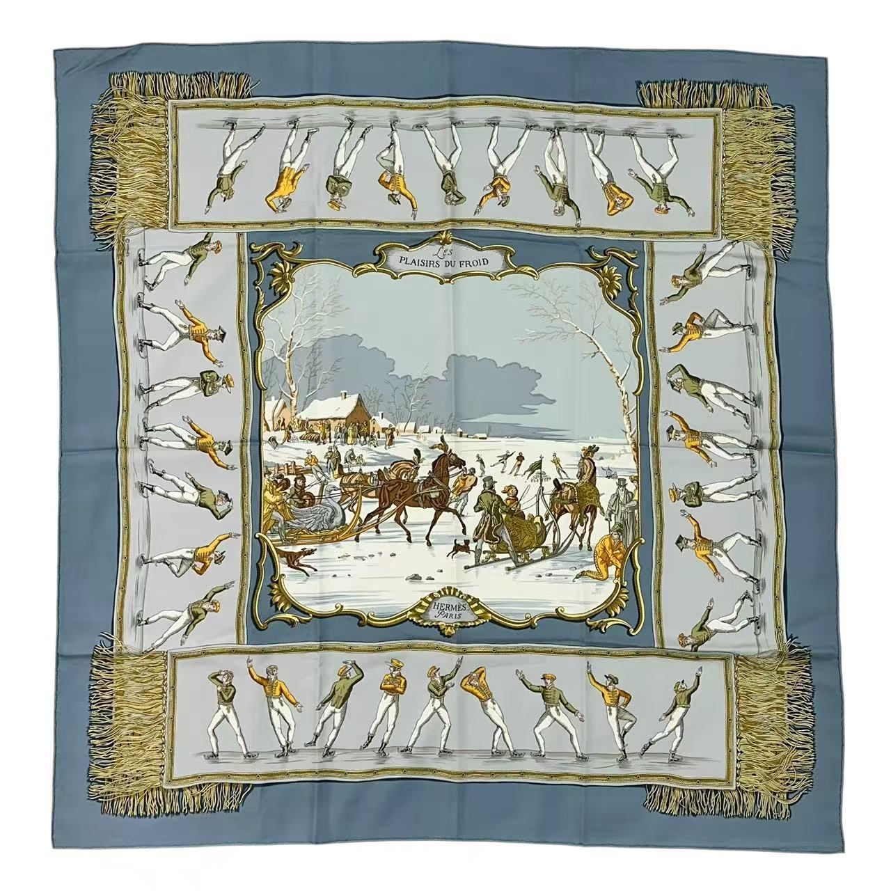 Hermes Carre 90 Scarf Silk les Plaisirs du Froid Joy on Ice Blue