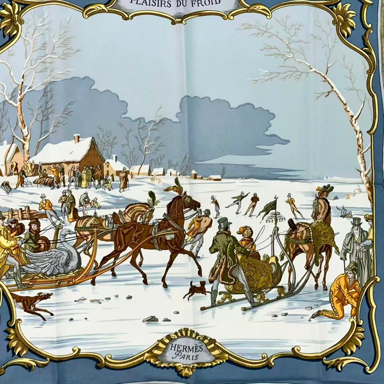 Hermes Carre 90 Scarf Silk les Plaisirs du Froid Joy on Ice Blue — view 6