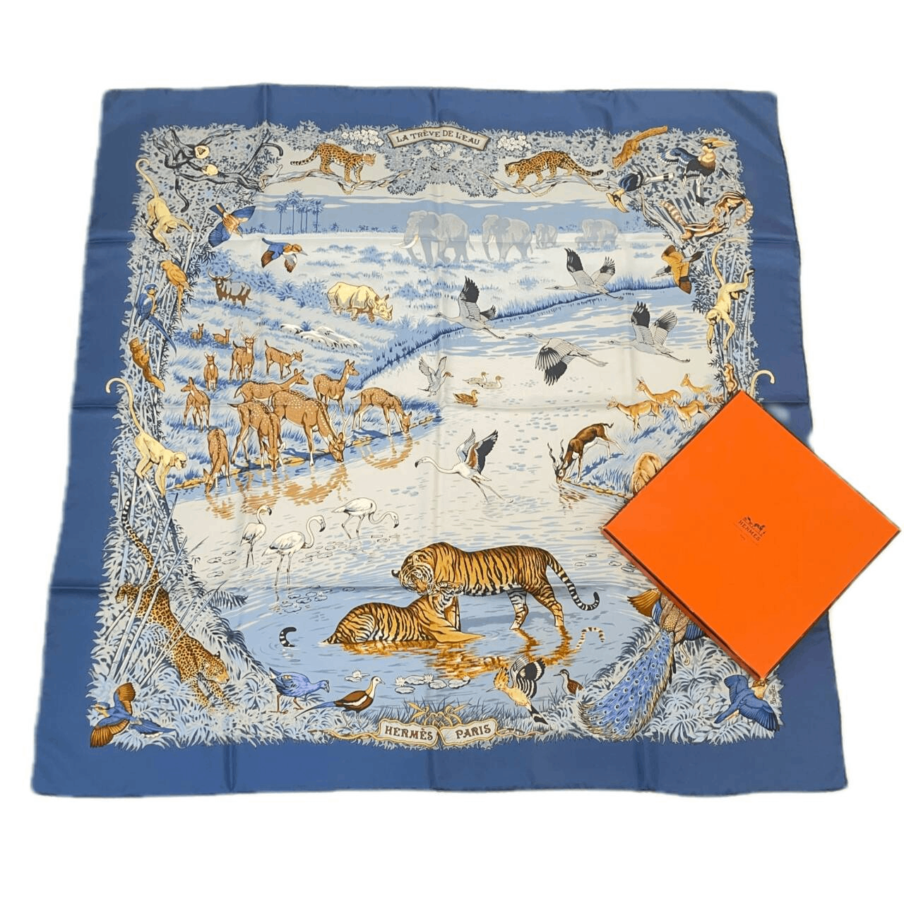 Hermes Super Rare Carre 90 la Treve de L Eau Water Truce Blue Silk 100% Scarf