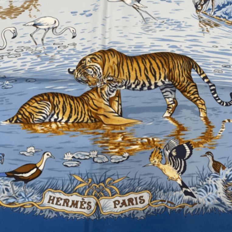 Hermes Super Rare Carre 90 la Treve de L Eau Water Truce Blue Silk 100% Scarf — view 7