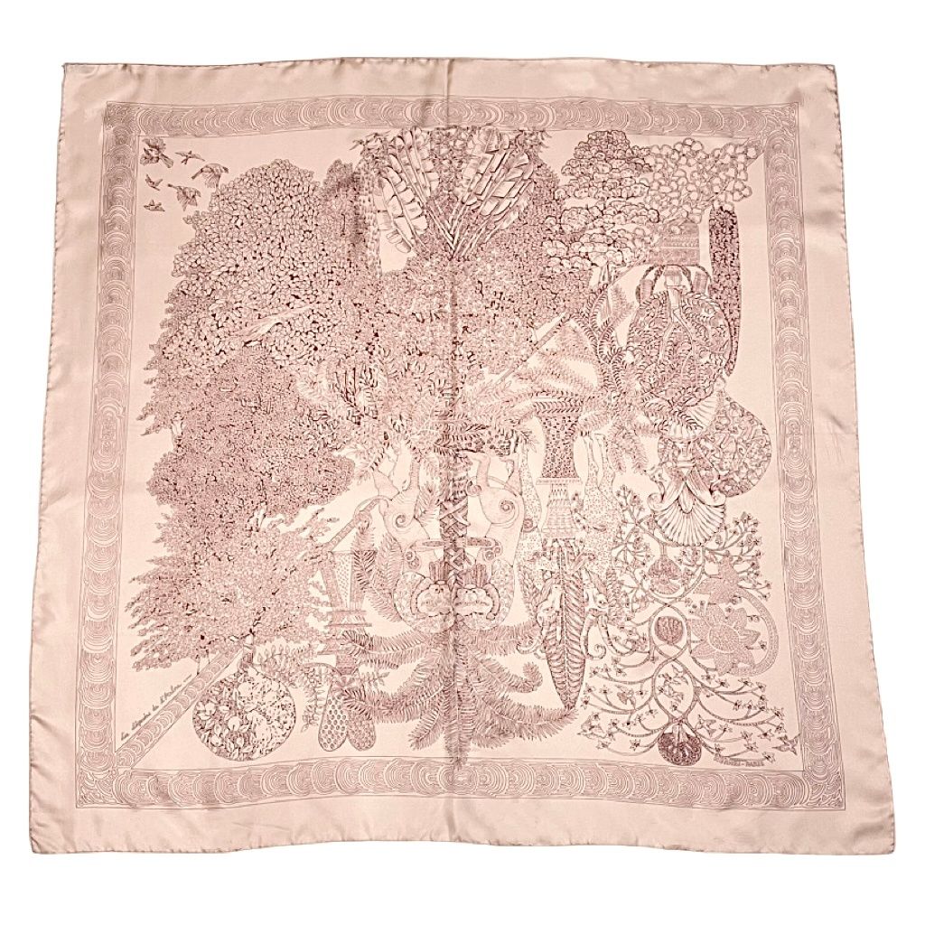 Hermes Wood Legend Scarf Carre 90 Lion Sheep Silk Pink