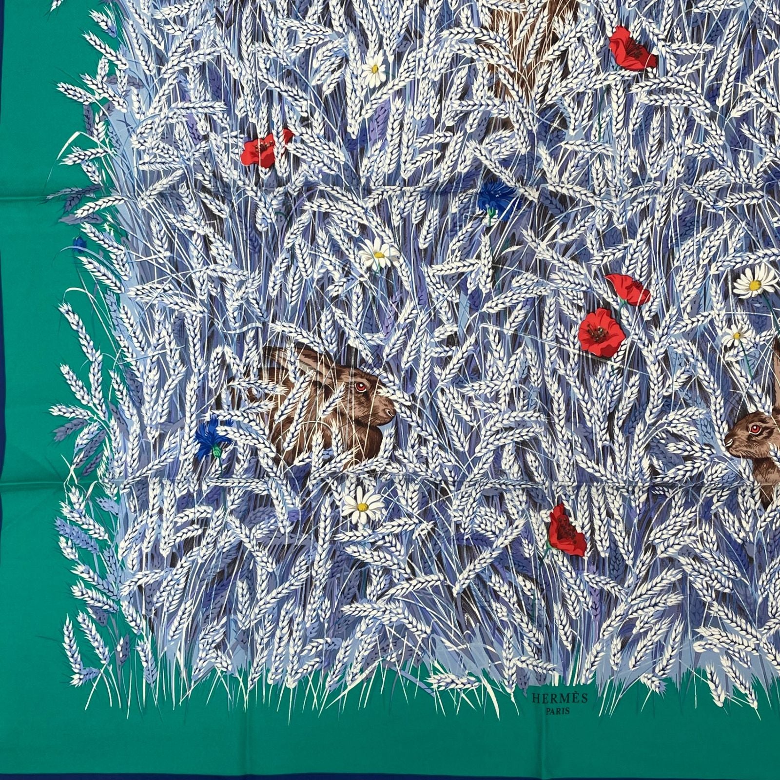 Hermes Carre 90 Lapins Dans Un Champ de Wheat Field and Rabbit Blue Multicolor — view 4