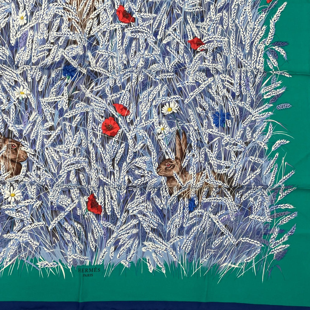 Hermes Carre 90 Lapins Dans Un Champ de Wheat Field and Rabbit Blue Multicolor — view 3