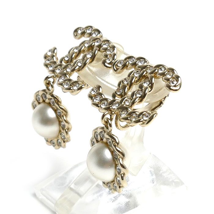 Chanel Metal Strass CC Logo Faux Pearl Rhinestone Earrings — view 2