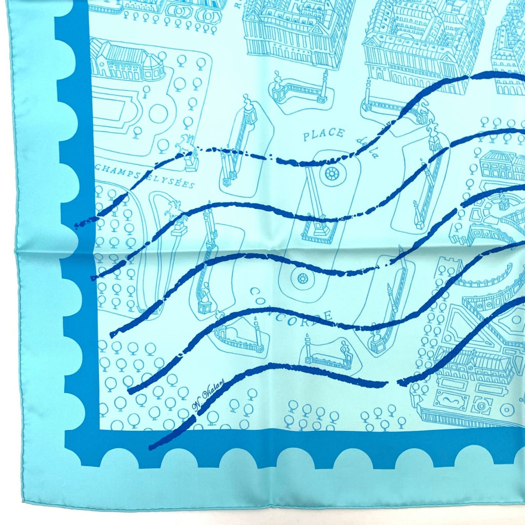 Hermes Carre 90 de Passage a Paris Blue Silk 100% Scarf — view 7