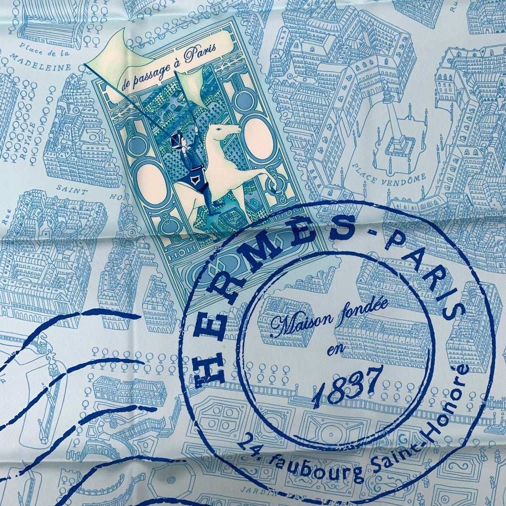 Hermes Carre 90 de Passage a Paris Blue Silk 100% Scarf — view 8