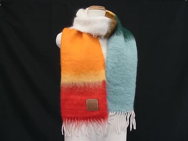 Loewe Anagram 50% Mohair 48% Wool Fringe Scarf Multicolor