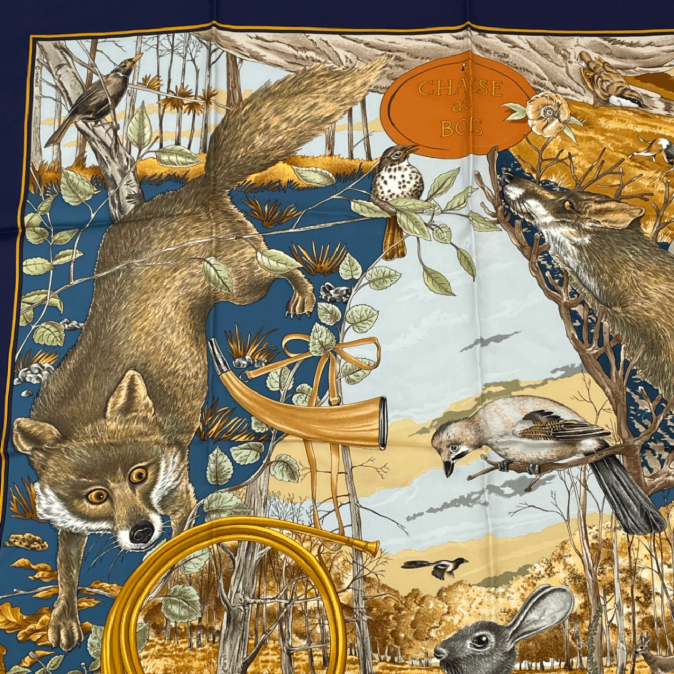 Hermes Carre 90 Chasse Au Bois Forest Hunting Blue Scarf Silk — view 2