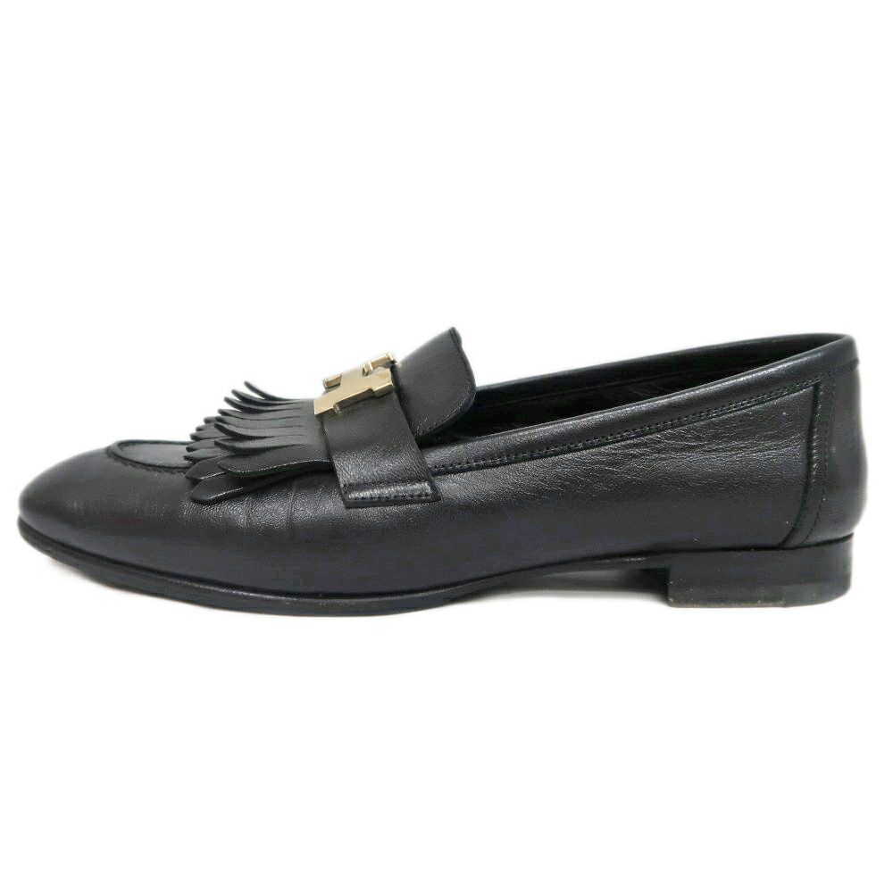 Hermes Moccasins Royale 37 Black Leather Gold Shoes