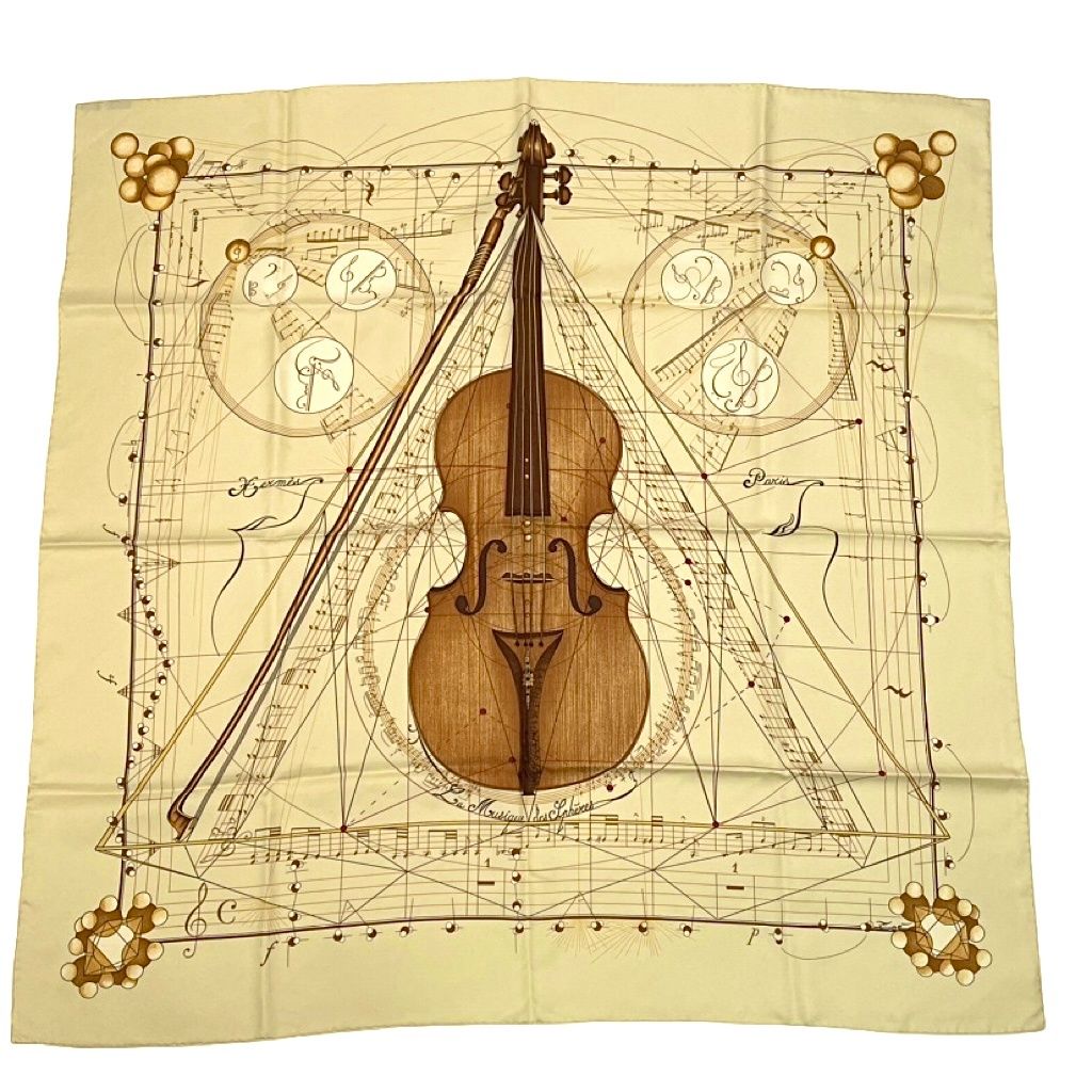 Hermes Scarf Carre 90 Music Played by Spheres la Musique Des Yellow Silk
