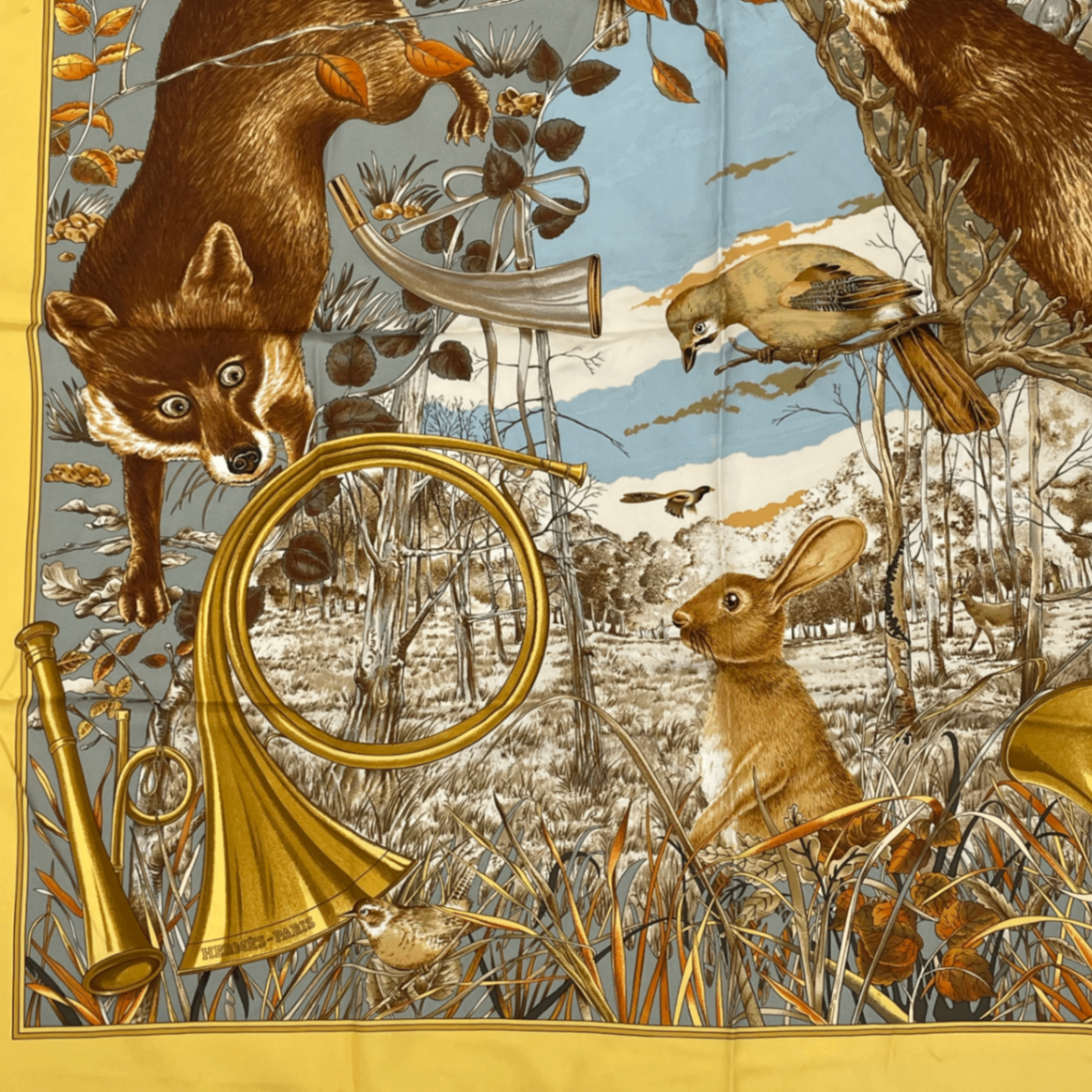 Hermes Carre 90 Chasse Au Bois Forest Hunting Yellow Scarf Silk — view 4