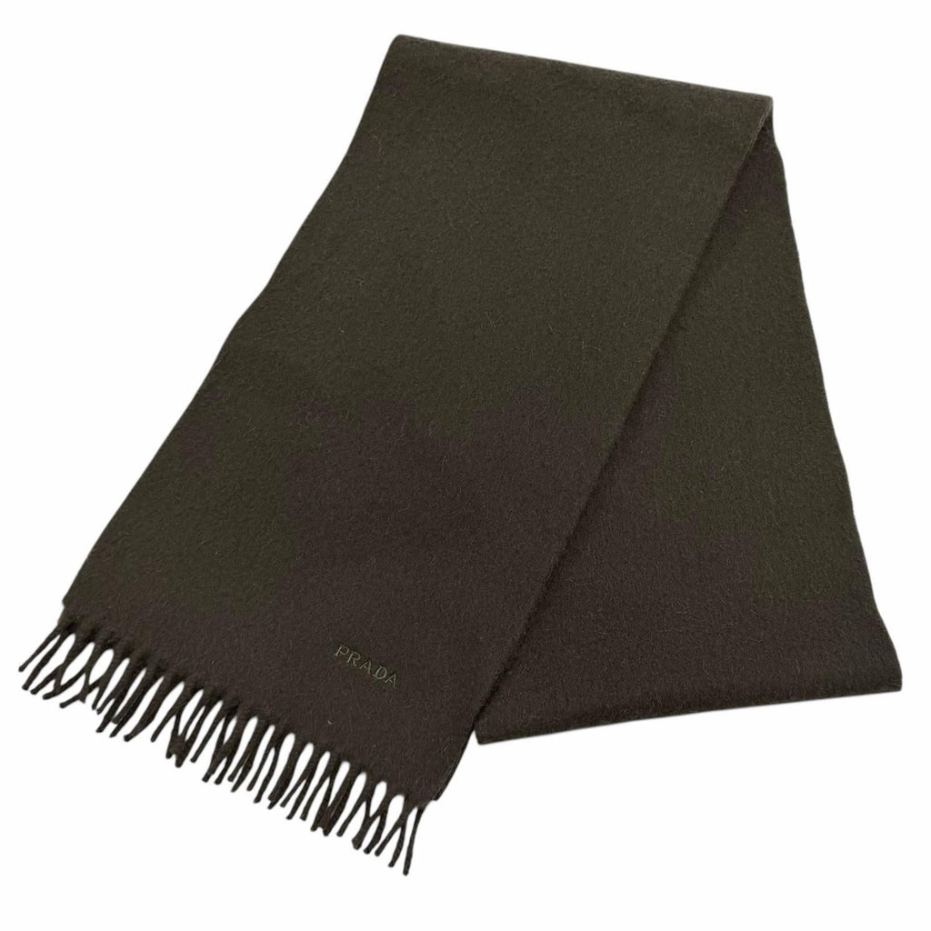 Prada Wool Cashmere Blend Logo Embroidered Fabric with Fringe Scarf Shawl Dark