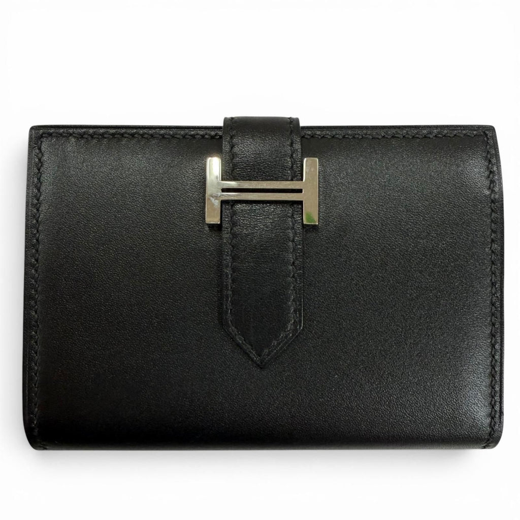 Hermes Bearn Mini Box Calf Silver Card Case Business Holder Black