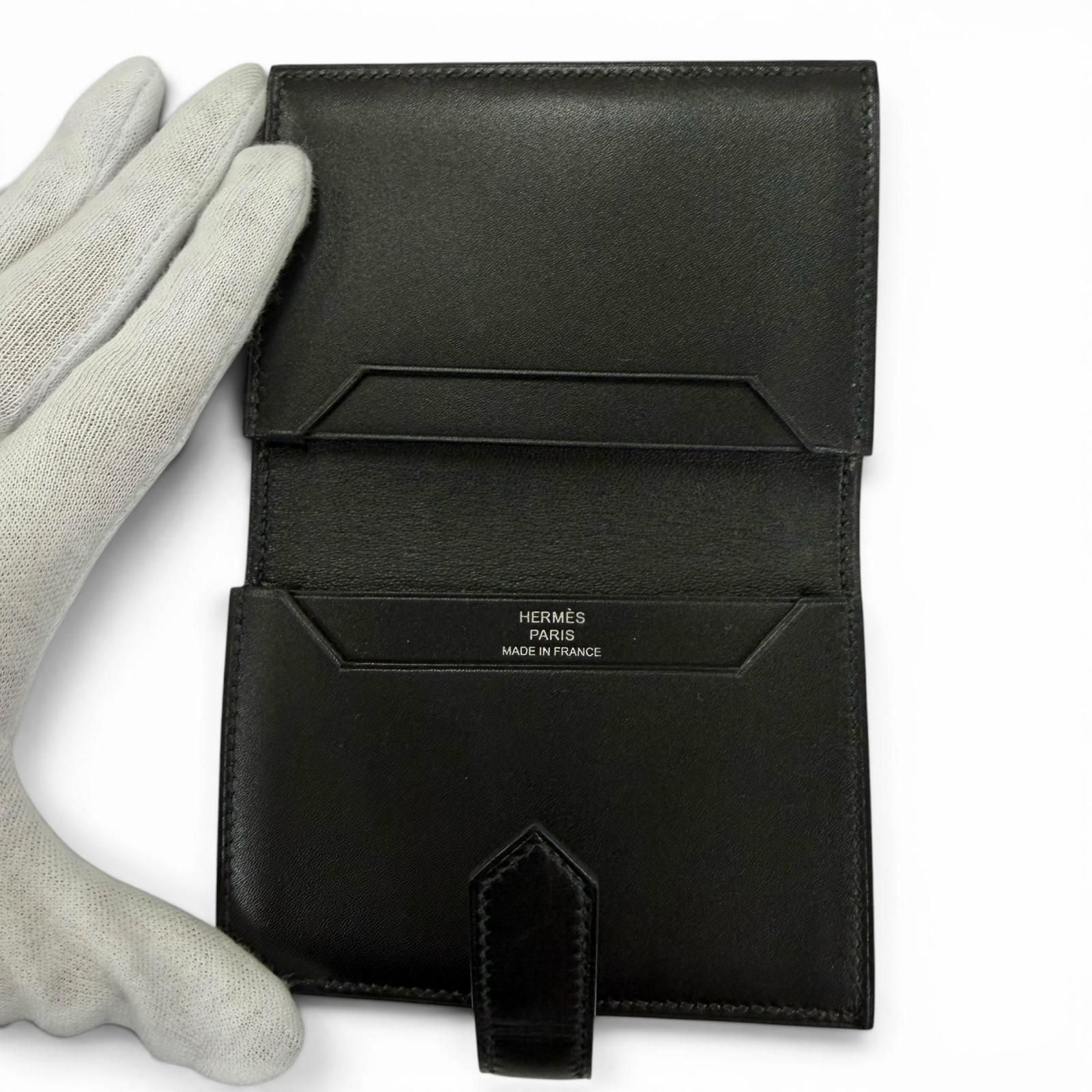 Hermes Bearn Mini Box Calf Silver Card Case Business Holder Black — view 7