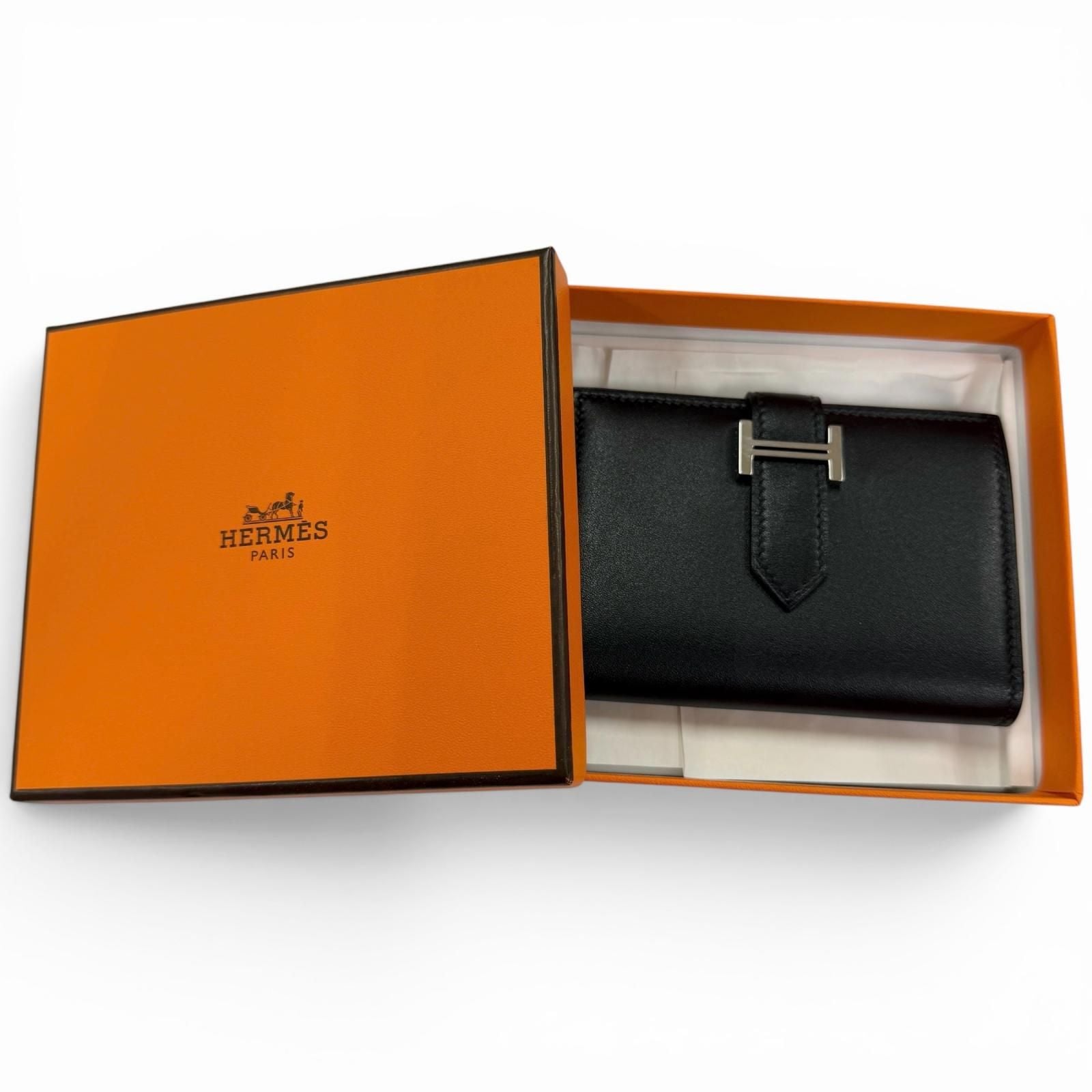 Hermes Bearn Mini Box Calf Silver Card Case Business Holder Black — view 2