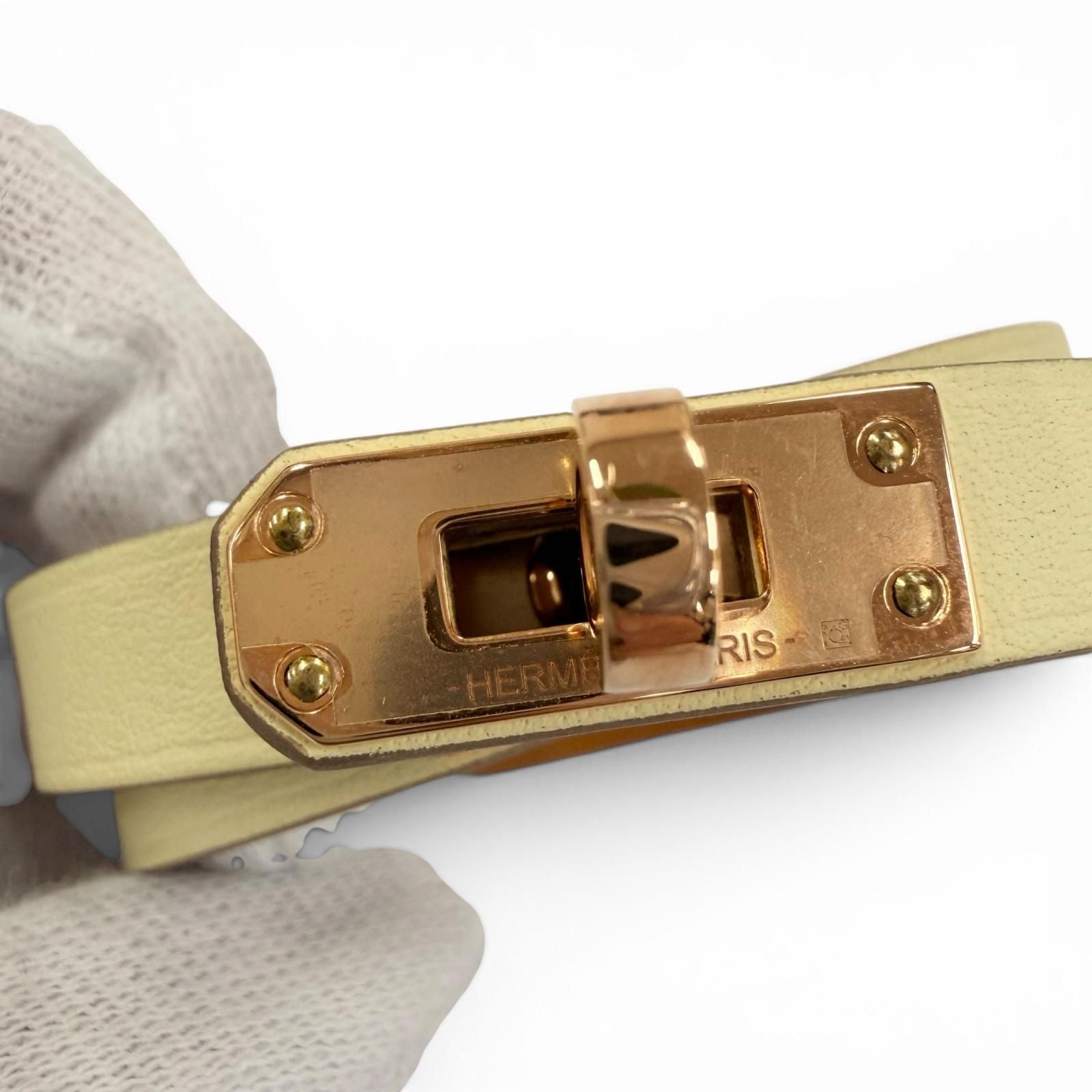 Hermes Minike Tall Double Tour Jaune Poussin Pink Gold Leather Bracelet T2 — view 6
