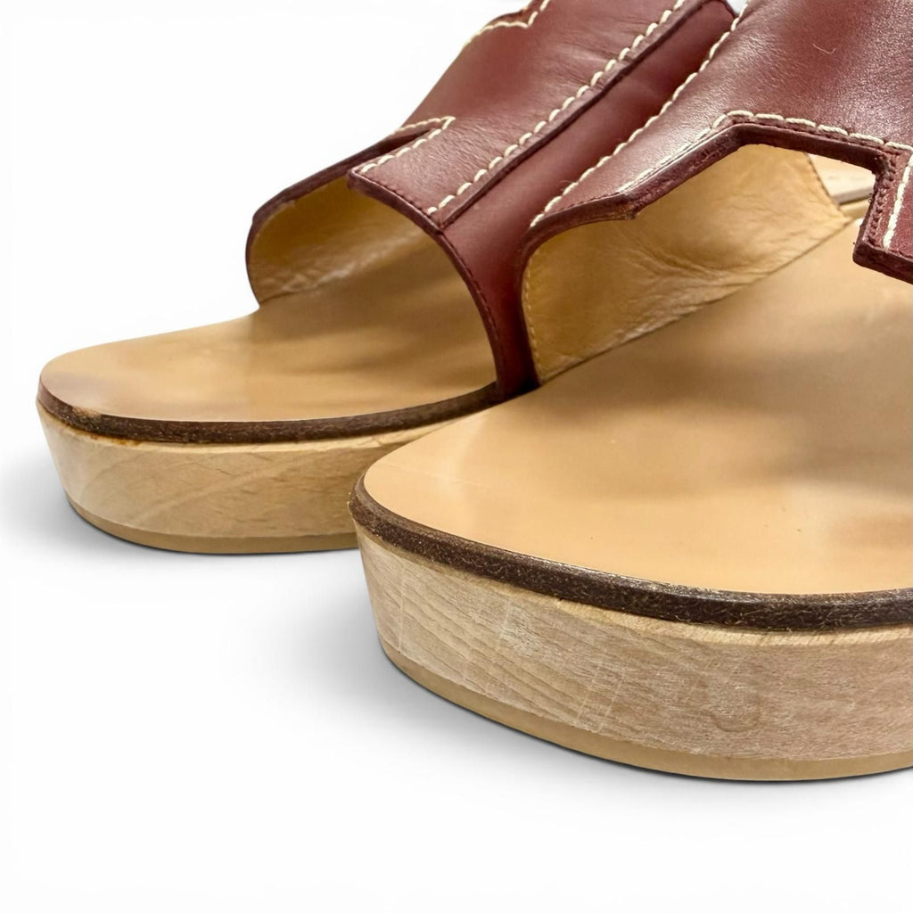 Hermes Kevlar Leather Motif Wood Sole Sandals Brown — view 8