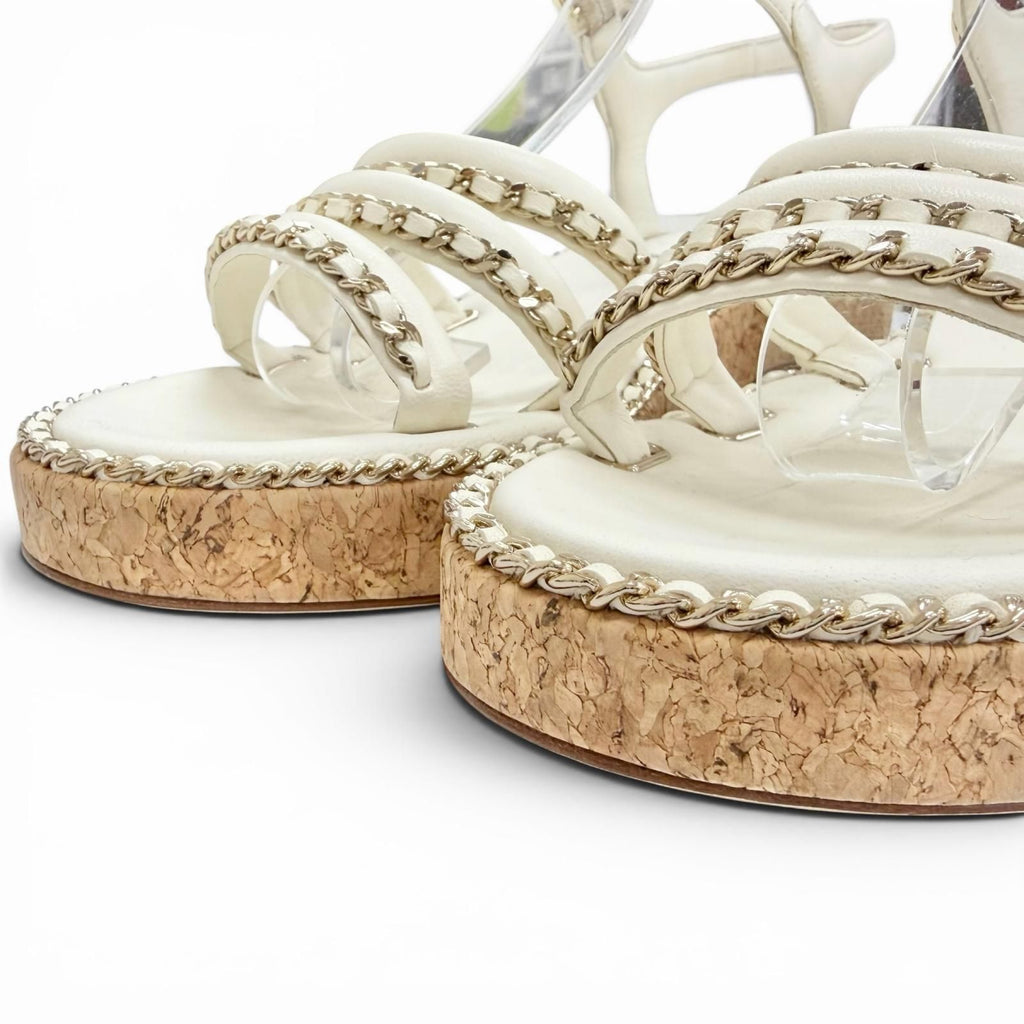 Chanel CC Logo Chain Strap Cork Sole Leather Sandals Ivory 38 Recommended — view 6