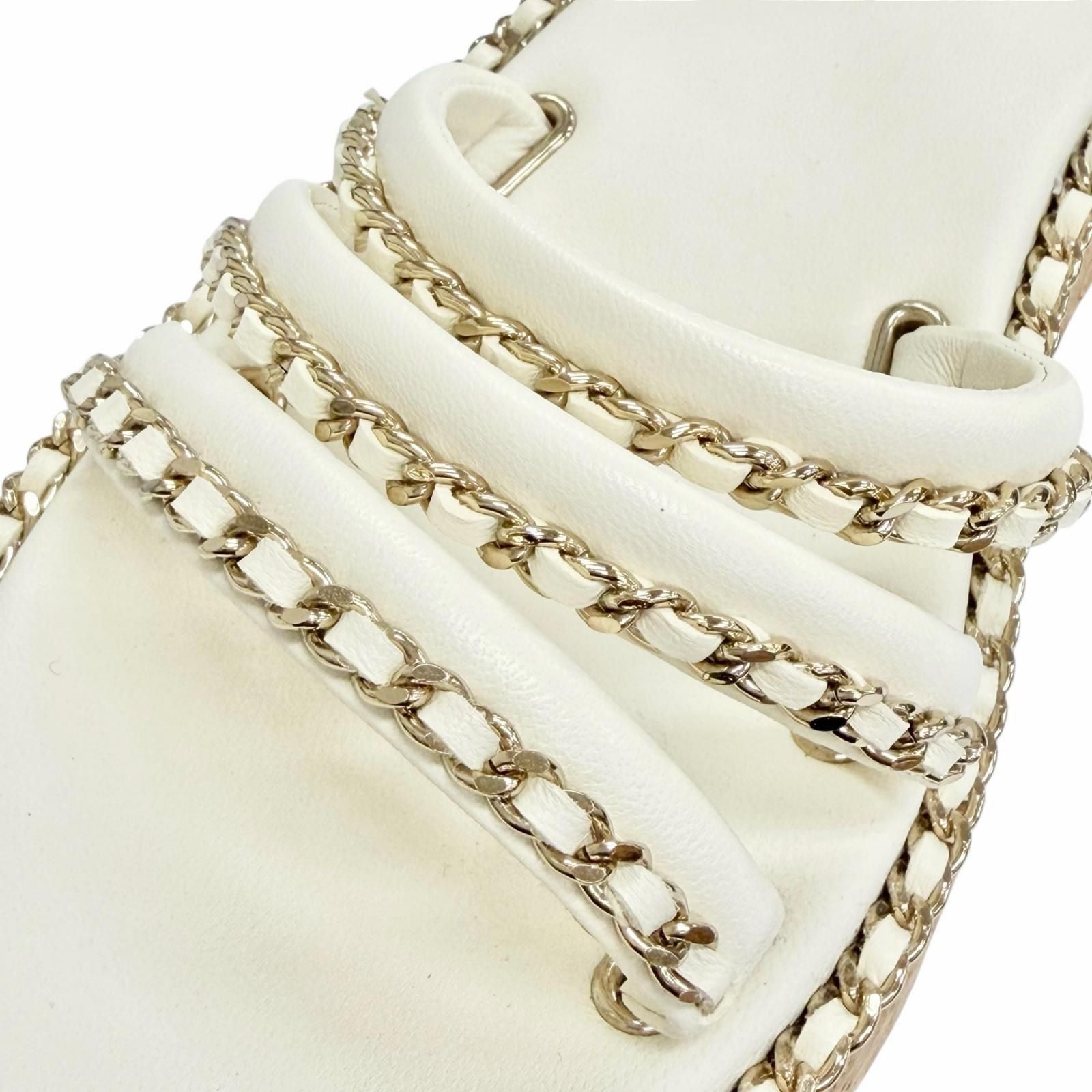 Chanel CC Logo Chain Strap Cork Sole Leather Sandals Ivory 38 Recommended — view 8