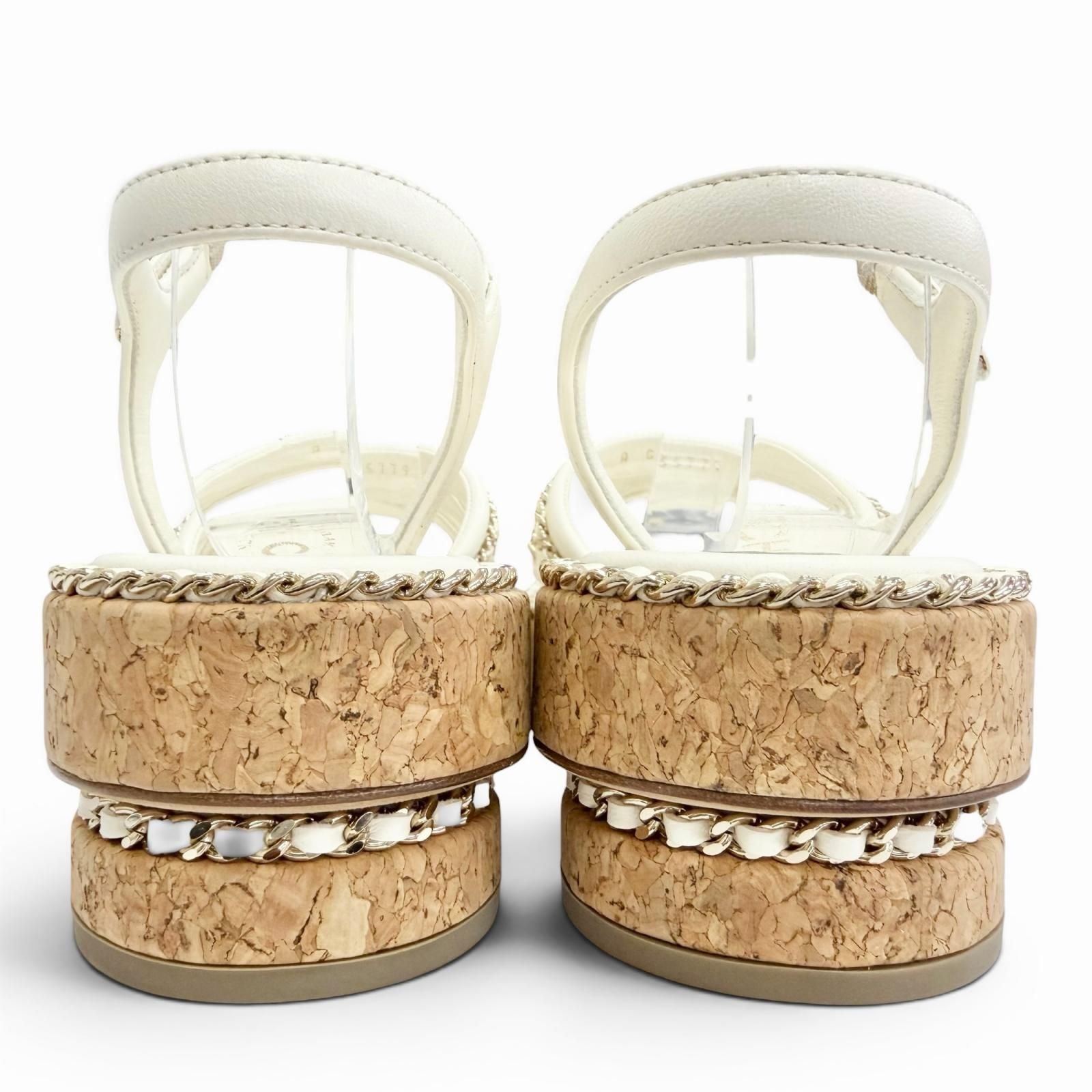 Chanel CC Logo Chain Strap Cork Sole Leather Sandals Ivory 38 Recommended — view 4