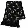Louis Vuitton Echarpe Logo Mania Shine Wool Silk Noir Scarf with Fringe