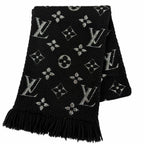 Louis Vuitton Echarpe Logo Mania Shine Wool Silk Noir Scarf with Fringe