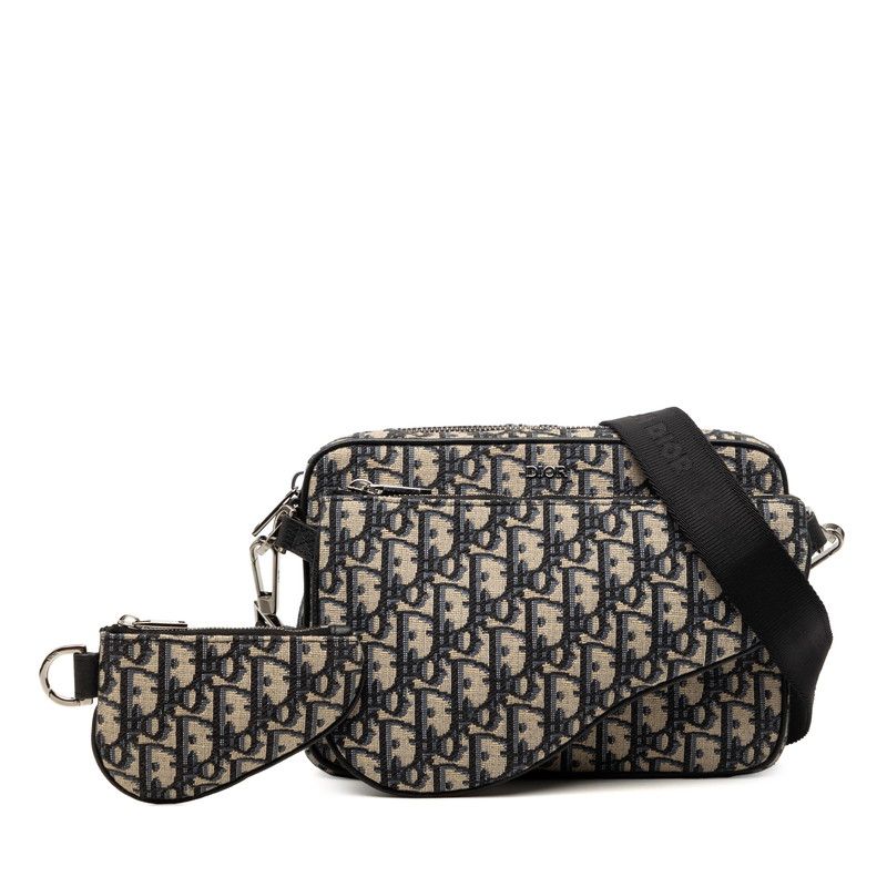 Dior Oblique Saddle Jacquard Crossbody Shoulder Bag Beige Black Fabric Leather — view 7