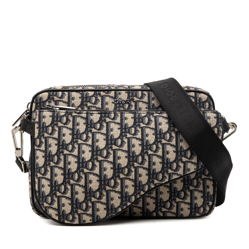 Dior Oblique Saddle Jacquard Crossbody Shoulder Bag Beige Black Fabric Leather