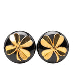 Chanel Clover Motif Vintage Round Earrings 93 Black Gold Plated Plastic
