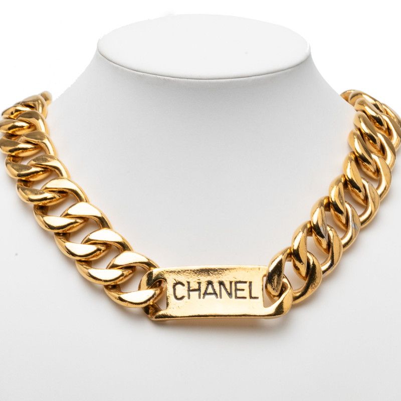 Chanel Logo Plate Chain Necklace Gold Plated
