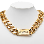Chanel Logo Plate Chain Necklace Gold Plated