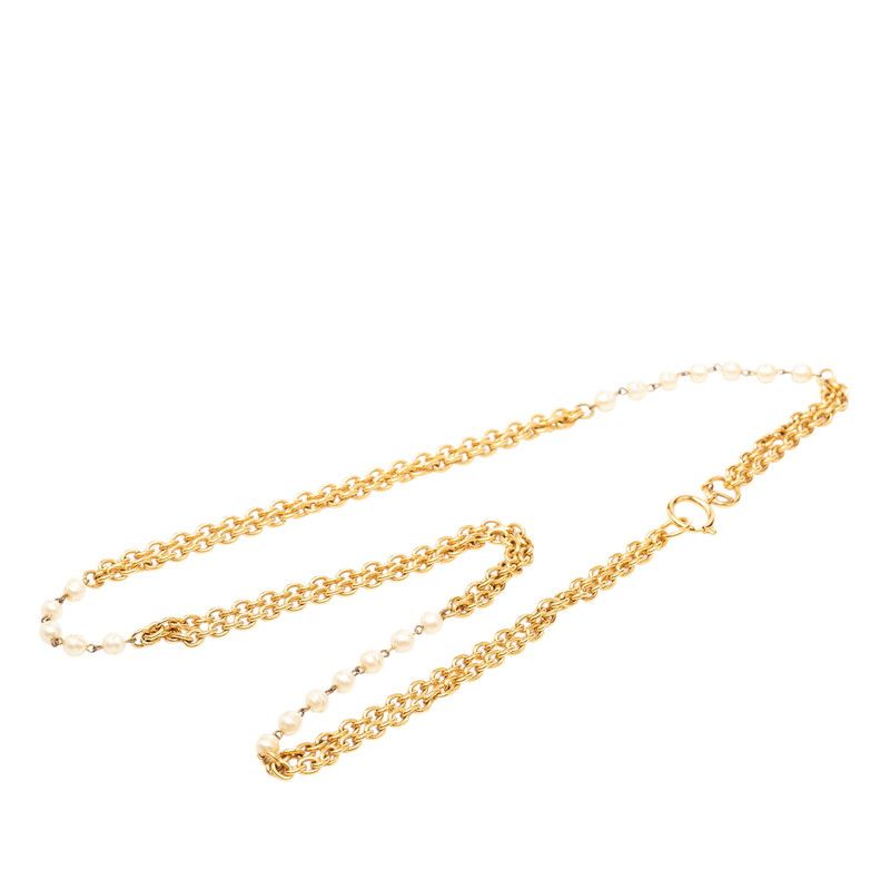 Chanel Chain Long Necklace Double Strand Gold Plated Faux Pearl — view 3