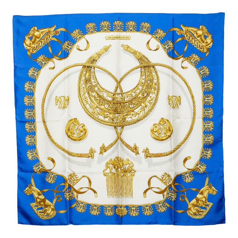 Hermes Carre 90 les Cavaliers D'or Yellow Gold Knight Scarf Large Blue Multicolo