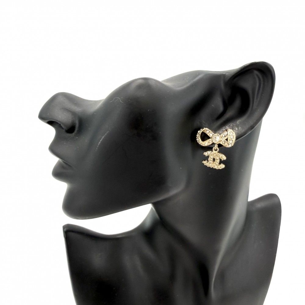 Chanel Earrings Ribbon CC Logo Swing Rhinestone Gold — view 2