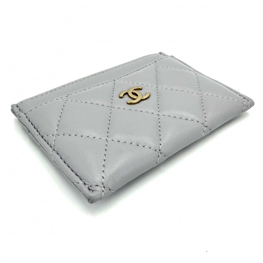 Chanel Card Case Quilted CC Logo Set Era Classic Holder Lambskin Gray Gold — view 3