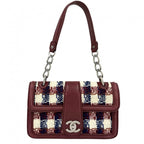 Chanel Shoulder Bag CC Logo Check Tweed Leather Red Silver