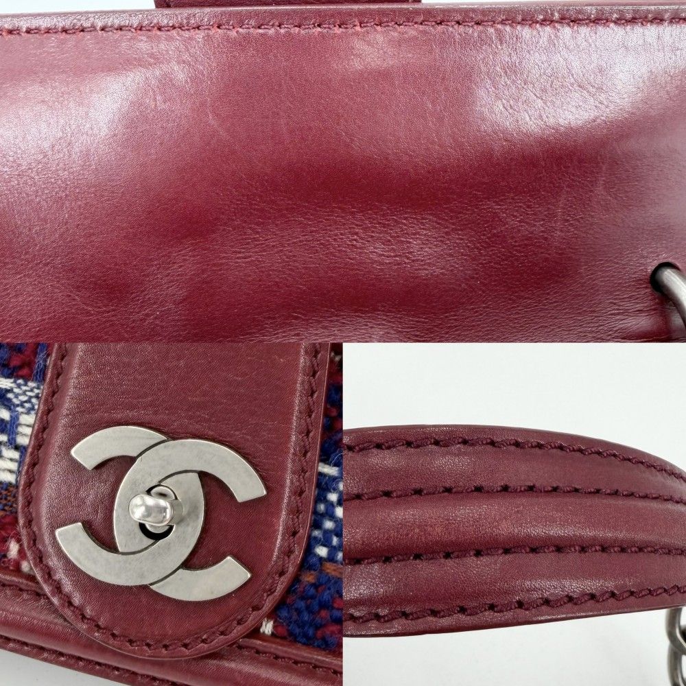Chanel Shoulder Bag CC Logo Check Tweed Leather Red Silver — view 8